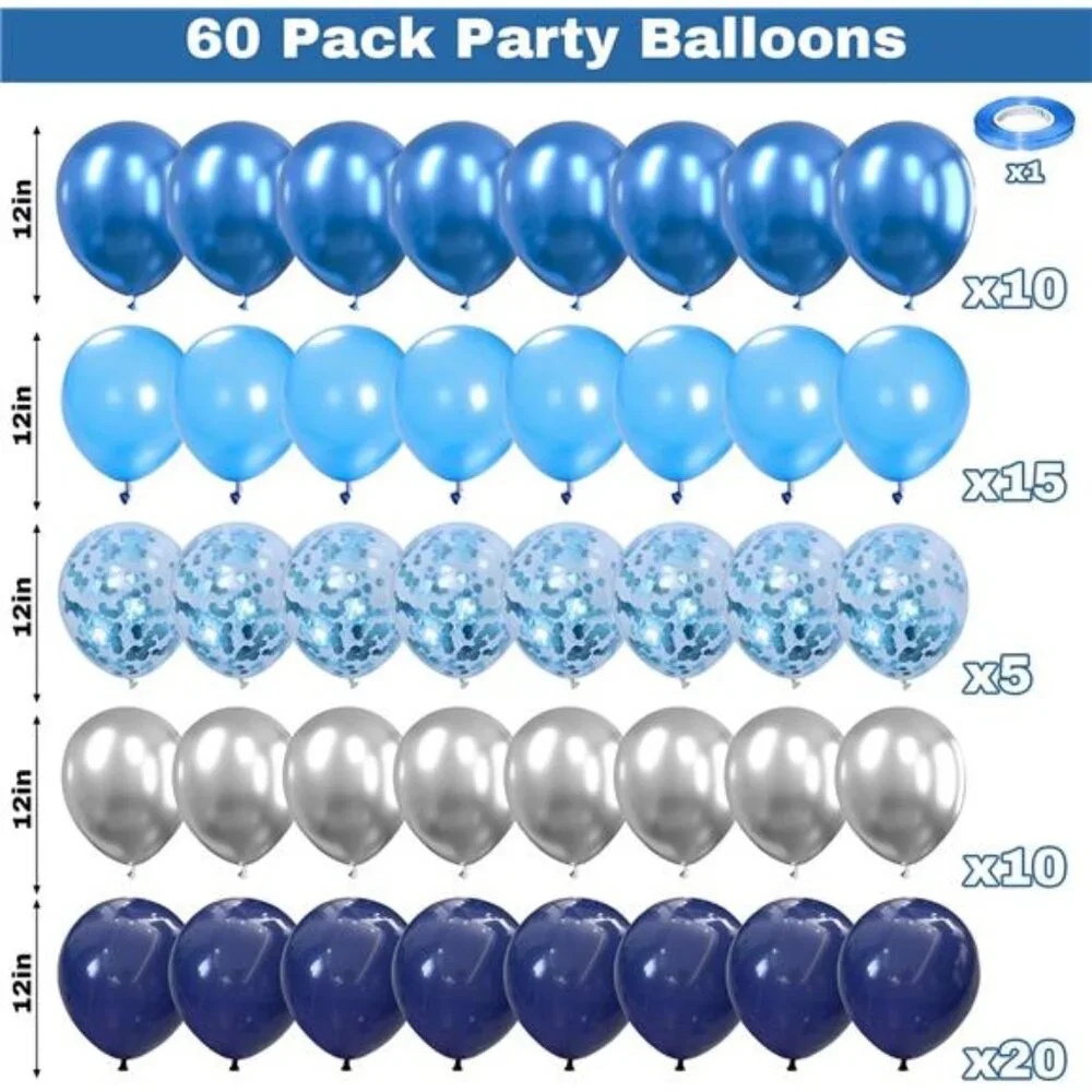 Blue Silver Balloons 60 Pcs Metallic Confetti Latex Party Decorations Birthday B